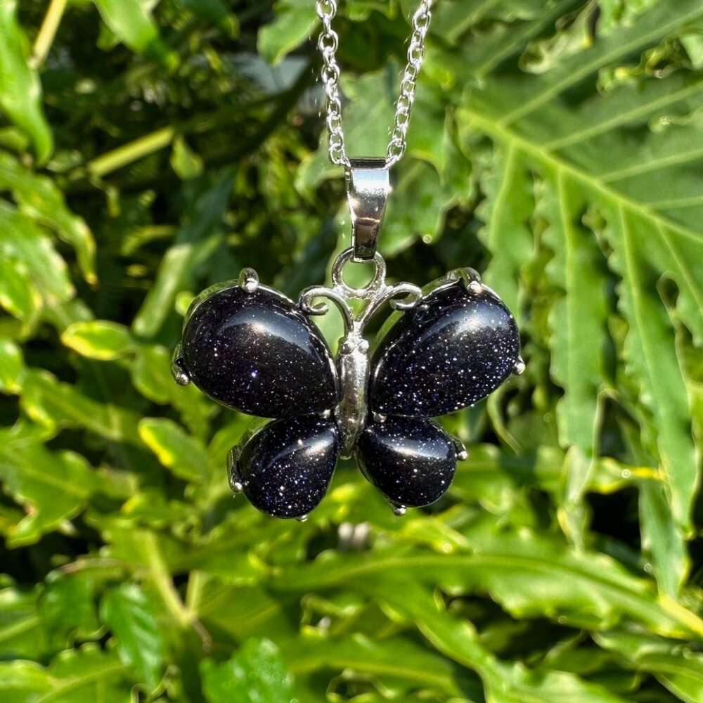 NEW Blue Goldstone Butterfly Pendant Necklace